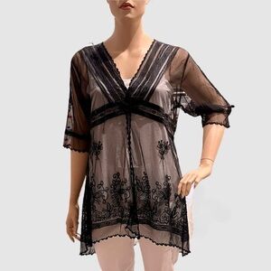 Nataya ALT-3 Sheer Lace Titanic Tunic Plus Size 3X Black Soutache Embroidery NWT